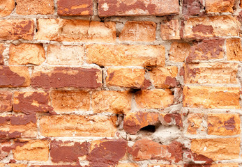 Background rough rustic shabby texture of old vintage red brick wall