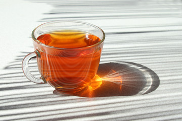 Cup of sunny tea on the table