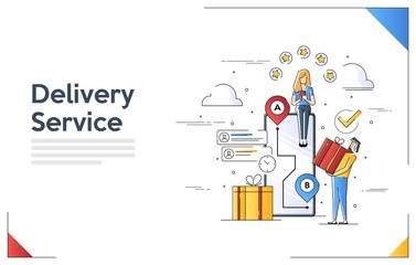 Flat line art style concept of Online Delivery Service. Vector banner, icon, illustration. Delivery service with phone from point A to point B.