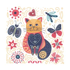 Tuinposter Folk art vector cat illustration. © trihubova