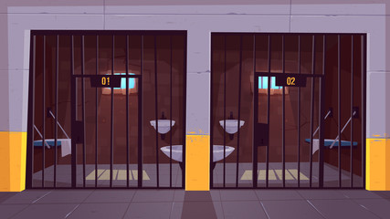 Prison corridor with two empty single cells behind steel bars cartoon vector. Jail facility interior with bunk bed, toilet bowl, washbasin and cell number on doors illustration. Imprisonment place