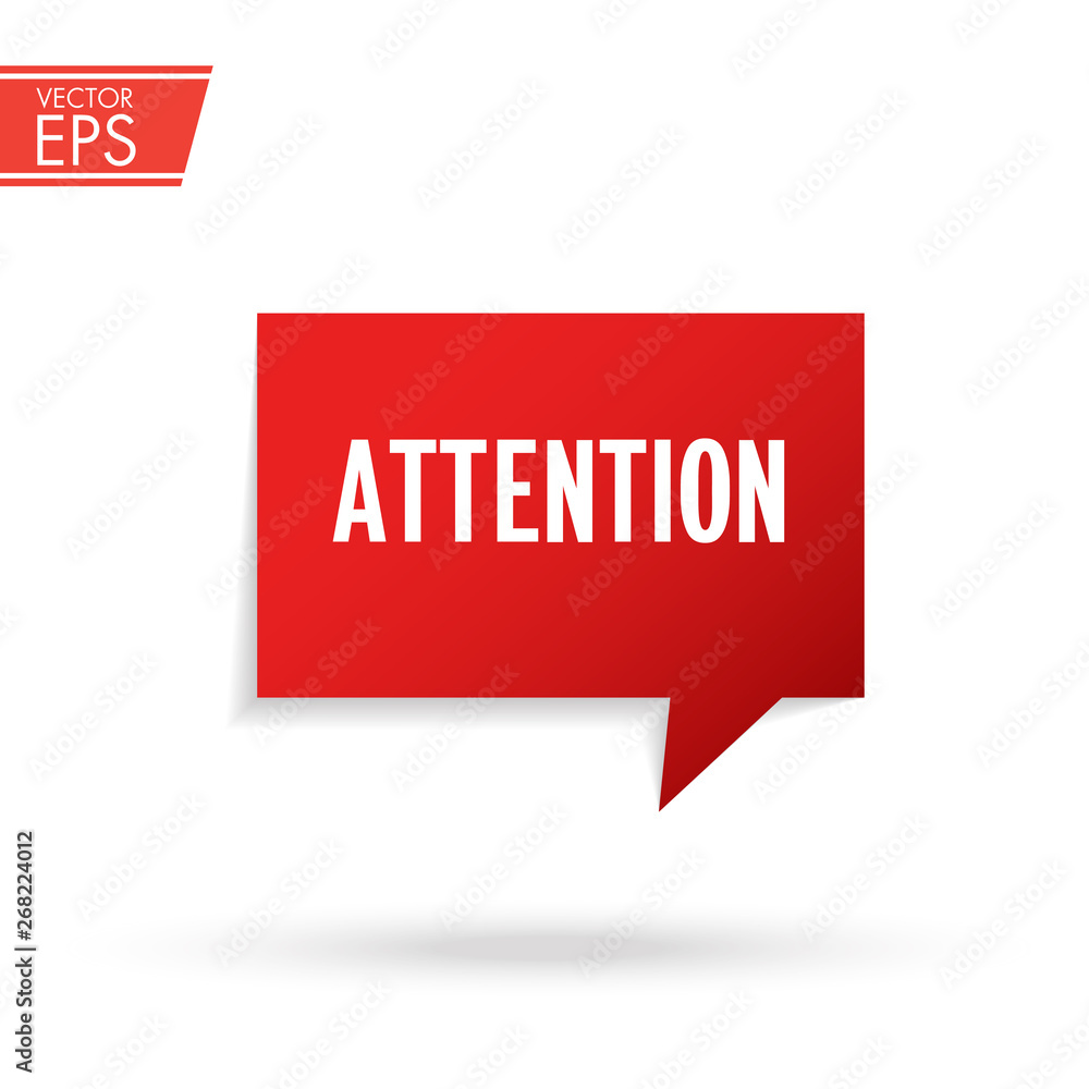 Poster attention red 3d realistic paper speech bubble. caution icon vector illustration. exclamation concep