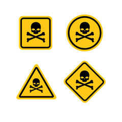 Obraz premium Skull and bones logo warning attention icon. Poison symbol. Flat Vector illustration. Vector attention sign with exclamation mark icon. risk sign vector illustration.