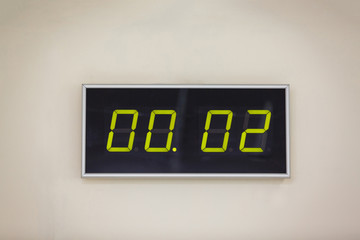 Black digital clock on a white background showing time 00.02 minutes