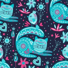 Wall murals Colorful Tribal cat seamless vector pattern.