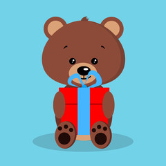 Isolated romantic cute baby brown bear in sitting pose with red gift and blue bow. Adorable character. Vector illustration in flat cartoon style.