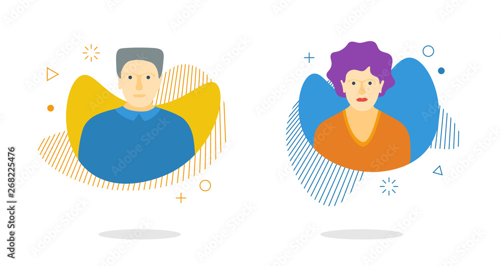 Poster man woman avatar set on dynamic modern liquid element graphic gradient flat style design fluid vecto