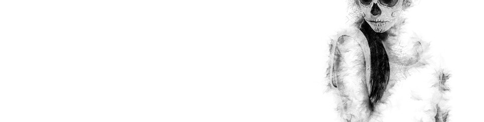 Black and white Silhouette of Day of the dead girl with sugar skull make-up on white copy space background. Digitally generated image. Free space for advertisement creative text horizontal image