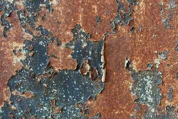 Grunge wall texture, iron rusty gates painted with white-blue-gray paint. Cracked paint on metal, seamless background, blank for text. horizontal frame