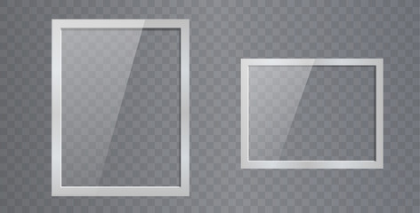 Empty shiny frame with reflection and transparency screen isolated. Lcd monitor vector illustration. Lcd display screen, tv digital panel plasma. 3D glassy picture frame design.