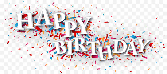 Happy birthday text over the colorful confetti isolated on transparent background	