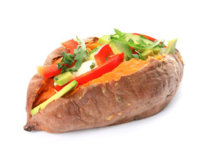Delicious stuffed sweet potato on white background