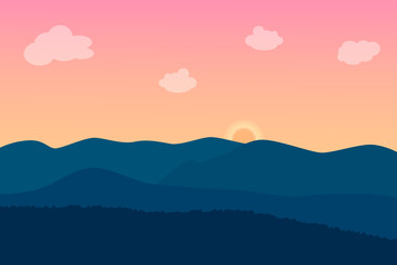 landscape twilight of mountain with pink sky and sun.