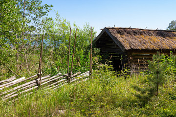 An old authentic traditional boat shed by a river behind a hedge is preserved in an open-air museum on Seurasaari island in Helsinki in Finland on a sunny summer day.