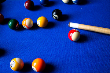 Pool billiard balls on blue table sport game set. Snooker, pool game
