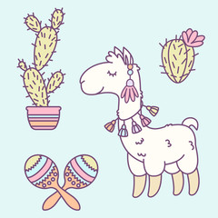 Llama, maracas and cacti cartoon illustration.
