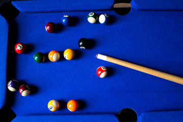Pool billiard balls on blue table sport game set. Snooker, pool game