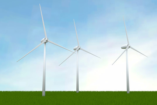 3d illustration of green lane with three wind turbine, environmentally friendly energy production of electricity