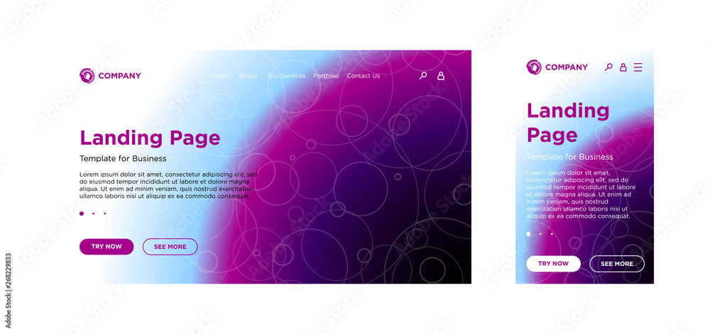 Poster landing page template desktop pc and mobile adaptive version. minimal geometric fading effect backgr