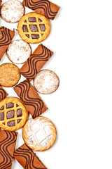 Cake bars filled with cream, oat cookies and tarts with dark chocolate isolated on white background.