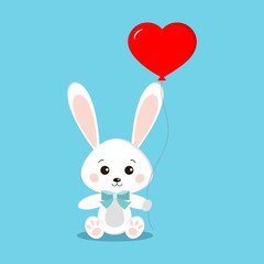 Obraz na płótnie Canvas Sweet and cute white bunny rabbit in sitting pose with heart shape ballon in its paw, isolated icon on blue background in cartoon flat style. Vector character clip art illustration.