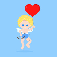 Isolated cute cupid in a floating pose with bow and red heart shape ballon on blue background in cartoon flat style. Happy Valentine's Day. Element for graphic design. Cartoon character illustration.