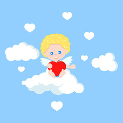 Vector isolated cute cupid in flat cartoon style. Cupid sits on cloud with heart in hands. Happy Valentine's Day. Element for graphic design. Cartoon character illustration.