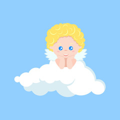 Vector isolated cute cupid boy dreaming on clouds in flat cartoon style. Cupid on blue background. Happy Valentine's Day. Element for graphic design. Cartoon character illustration.