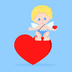 Vector isolated cute cupid boy in flat cartoon style. Cupid in sitting pose on heart with heart on hand. Happy Valentine's Day. Element for graphic design. Cartoon sweet character illustration.