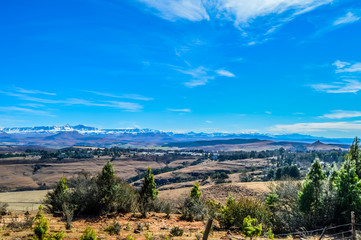 Underberg landscape with Snow capped Drakensberg Maloti mountains
