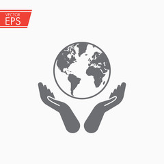 Hands holding globe earth web black icon. save earth concept vector illustration Concept illustration for environment care or help project.