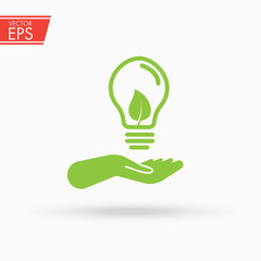 Green ecology bulb on hand. Light bulb in hand. Ecology bulp lamp with leaf logo. Energy saving lamp symbol. Eco friendly concept for company logo. Eco world, green leaf, energy saving lamp symbol