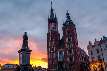 view of the main square of krakow and mariac church at spring