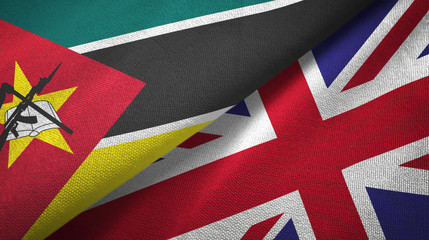 Mozambique and United Kingdom two flags textile cloth, fabric texture