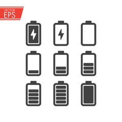 Battery charging icons set. Electricity signs symbols. Charge and phases levels indicators : full,medium, empty. Smartphone battery in different levels of charging. Charge battery power for smartphone