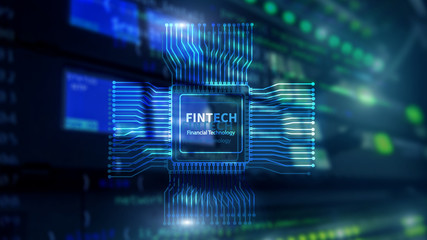 Fintech icon on abstract financial technology background. Cpu icon on server room data center blurred background.