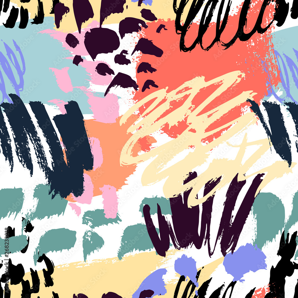 Poster artistic color brushed multi color strokes various shape. hand drawn vector seamless background. abs