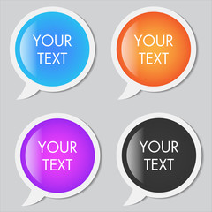 Set of Colorful Paper Speech Bubbles. Chat icon logo template. Transparent glossy glass speech bubble set. Symbol of conversation and communication. Emblem of business dialog. Sign of Internet talk.