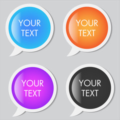 Set of Colorful Paper Speech Bubbles. Chat icon logo template. Transparent glossy glass speech bubble set. Symbol of conversation and communication. Emblem of business dialog. Sign of Internet talk.