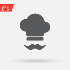 Chef's hat and big mustache icon. Cooking symbol. Restaurant logo. Fast food illustration. Sign food and cooking. Emblem cafe, pub, pizza, dining room, restaurant. Banner lunch, breakfast and dinner.