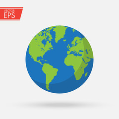Flat planet Earth icon. Detailed colored world map. Global sphere planet symbol. Ecology concept. Vector illustration for web banner, web and mobile, infographics.
