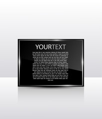 Shiny black text box. Glass plate. Realistic glass banner with shiny lights for infographics, business design, step presentation, progress design, number options or workflow layout. Clean and modern.