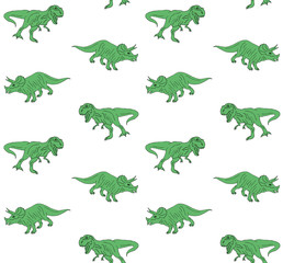 Vector seamless pattern of green hand drawn doodle sketch triceratops and tyrannosaur dinosaur isolated on white background 