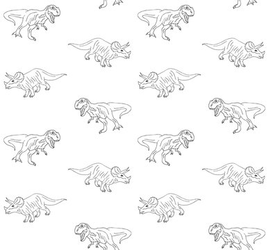 Vector seamless pattern of hand drawn doodle sketch triceratops and tyrannosaur dinosaur isolated on white background 