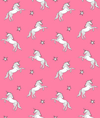 Vector seamless pattern of hand drawn doodle sketch unicorn and stars isolated on pastel pink background 