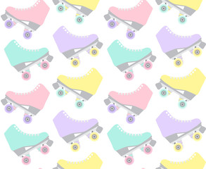Vector seamless pattern of flat cartoon pastel retro roller skates isolated on white background 