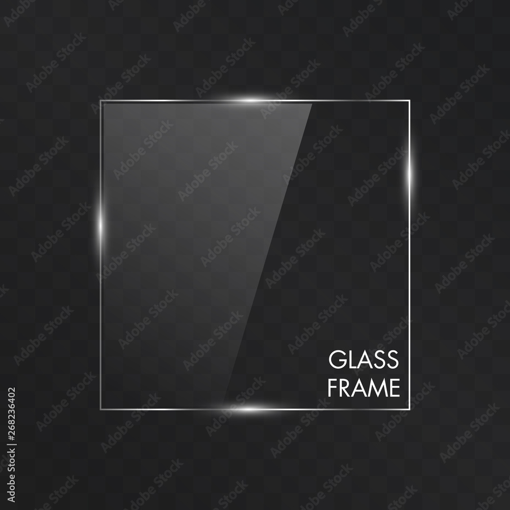 Poster realistic vector of rectangle empty glass frame. illuminated, transparent glass panel with reflectio