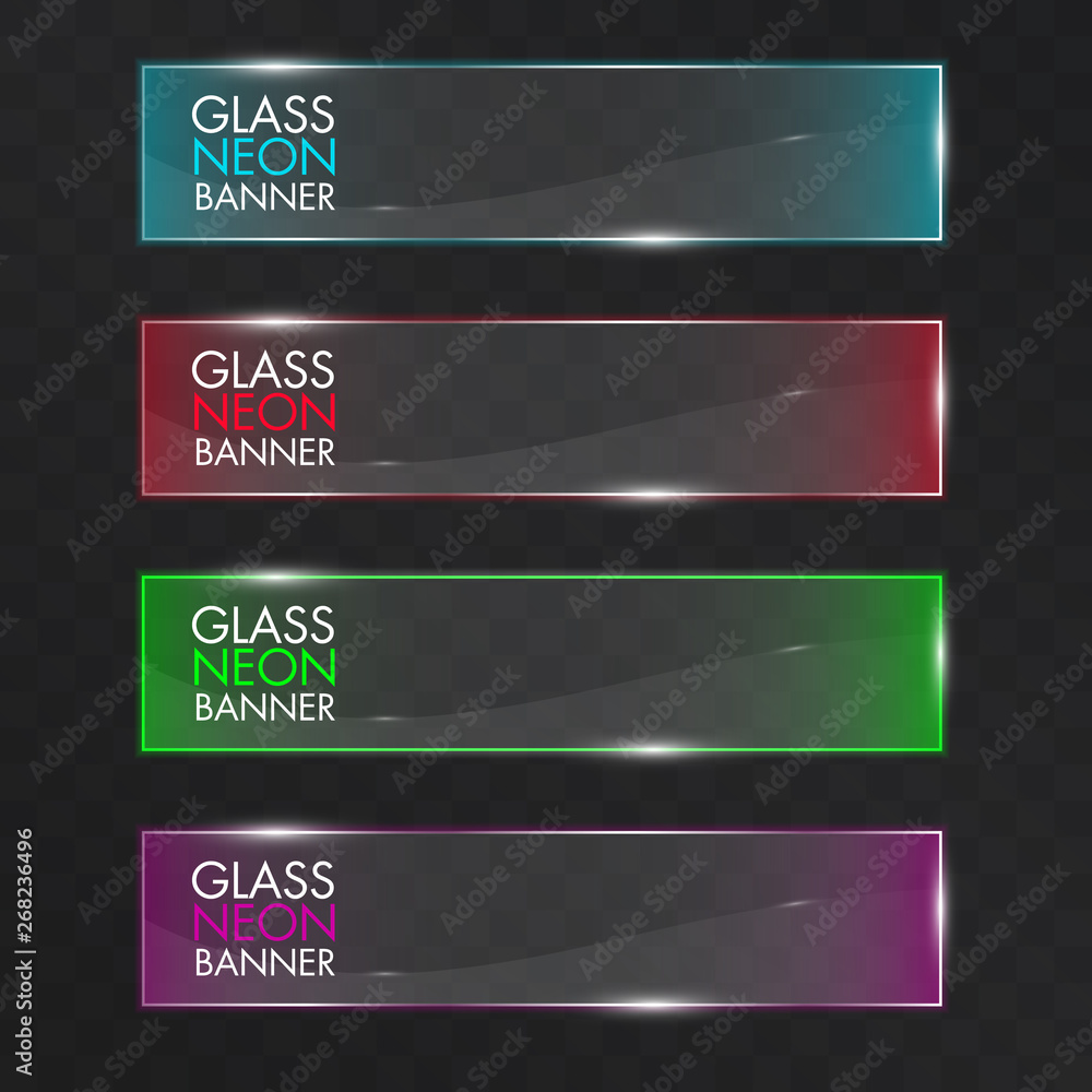 Poster glass neon transparent abstract banner colourful set with shiny lights over black pattern background