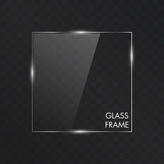 Realistic vector of rectangle empty glass frame. illuminated, transparent glass panel with reflection on dark background for your design ads. Frame made of transparent plastic.
