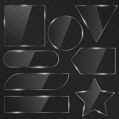 Set of glass button icons. Glowing glass panels on a transparent background for website or app. Silver shiny modern elements. Silver Web buttons. Vector sticker. Part of set.